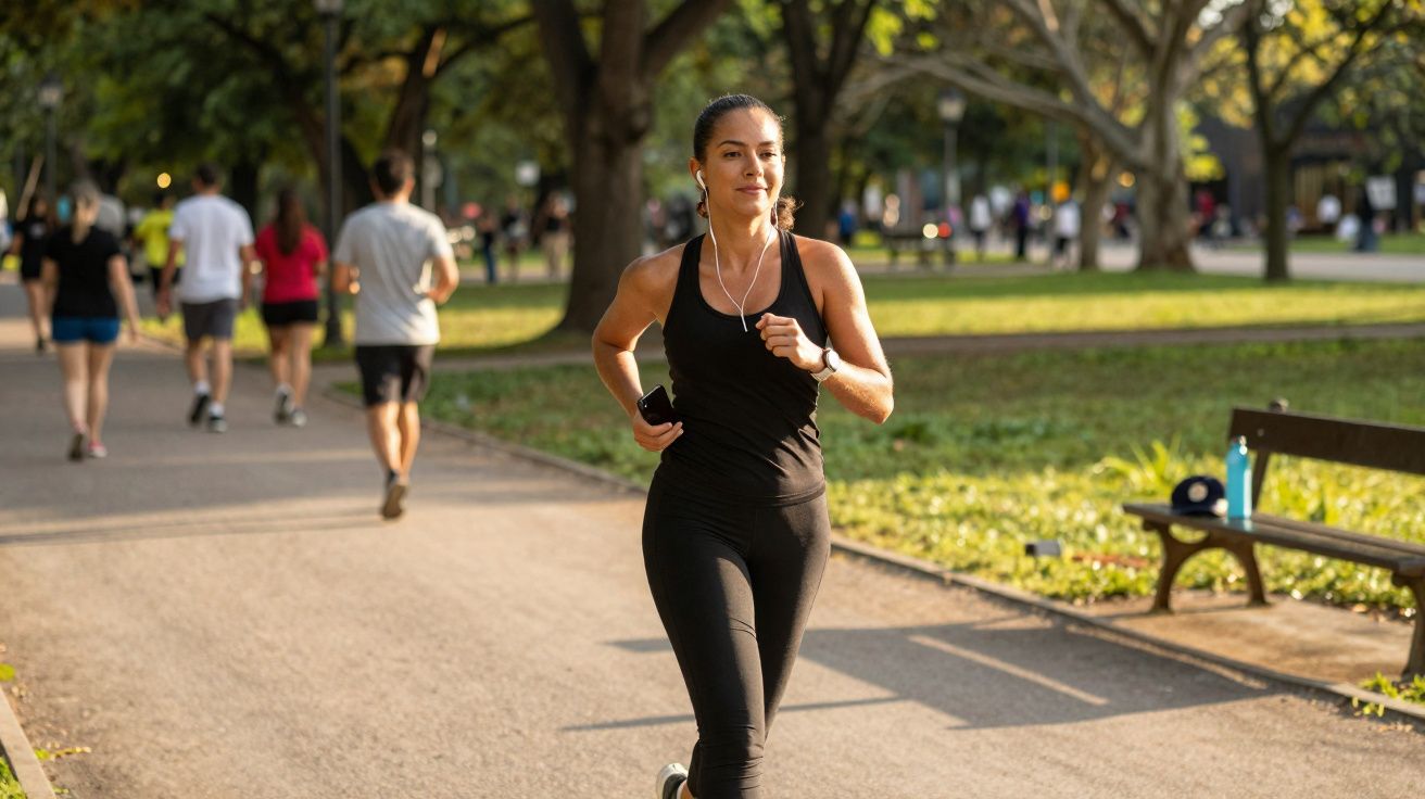 Woman in black sportswear jogging in a sunlit park pathway with other people walking and benches nearby