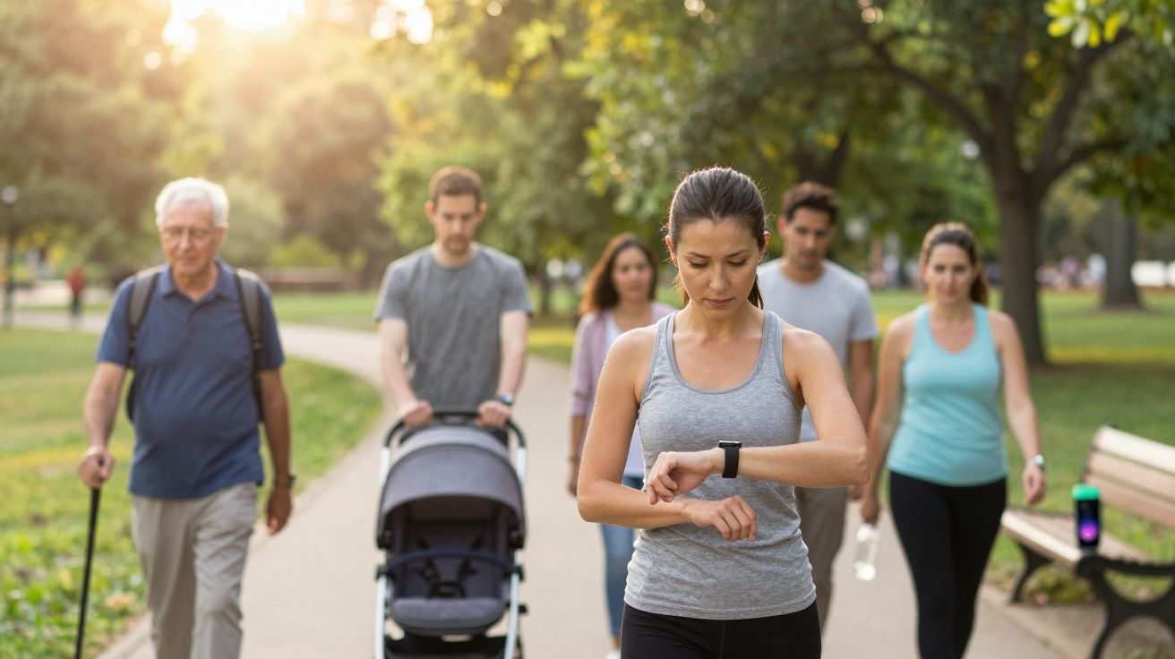 Group of people walking in a park with woman checking her smartwatch in the foreground on a sunny day