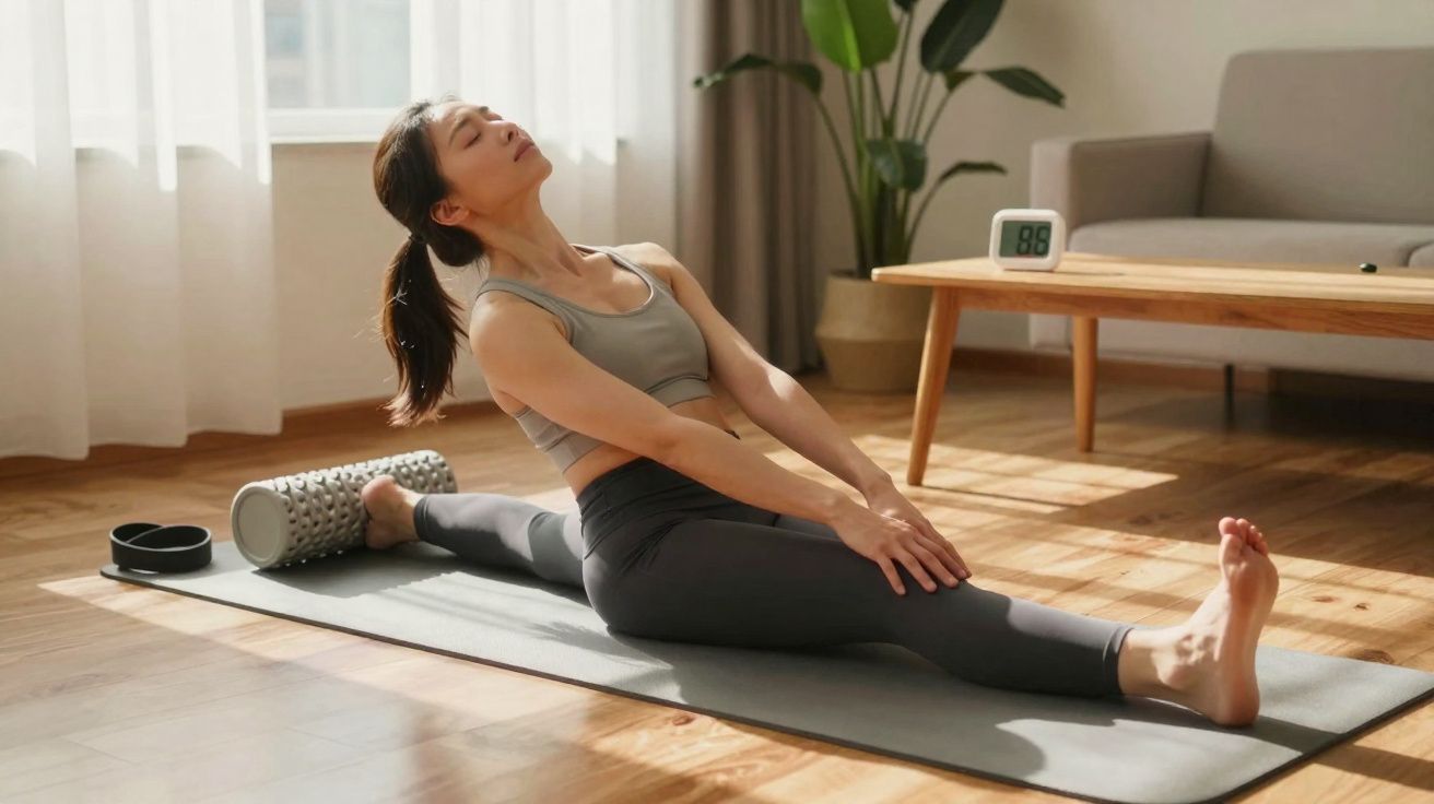 Woman stretching in a seated straddle pose on a yoga mat in a sunlit living room.