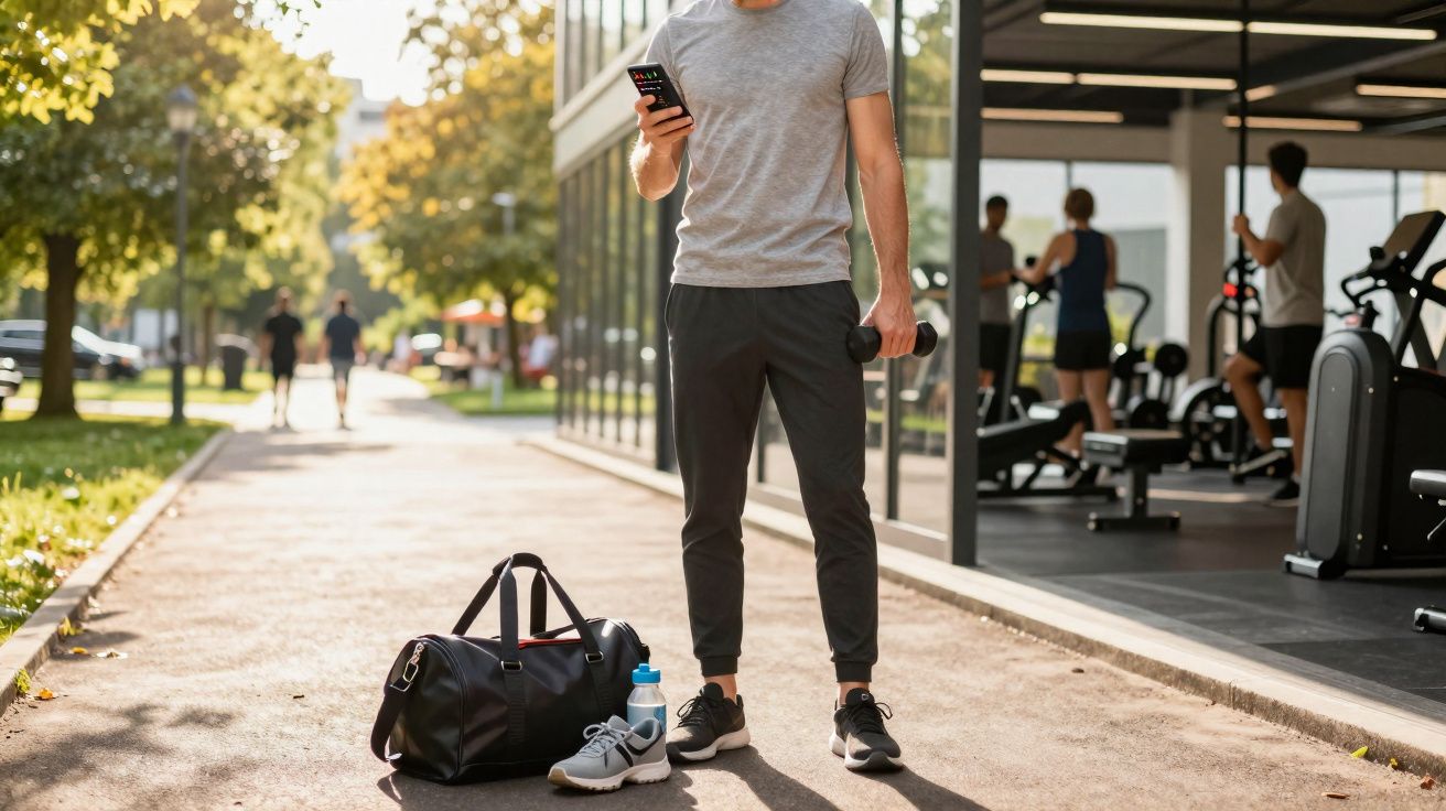 Man standing outside gym holding dumbbell and checking phone with gym bag, shoes, and water bottle on ground nearby