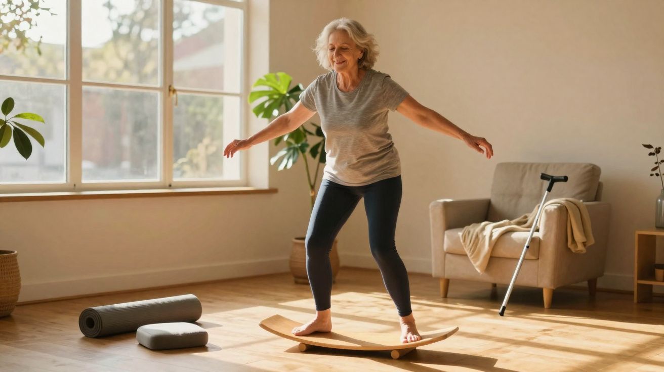 Elderly woman balancing on a wooden board in a sunlit room with exercise mat and walking cane nearby.