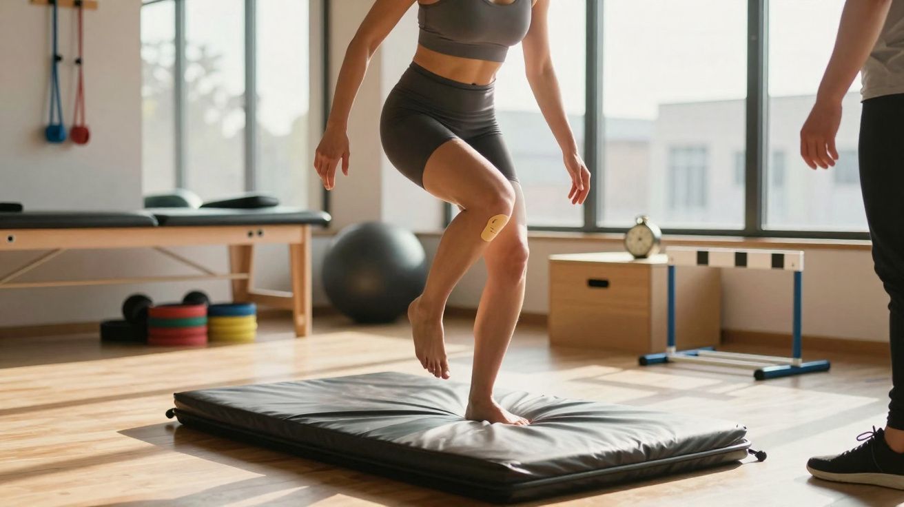 Person in workout clothes balancing on one foot on a padded mat in a bright gym room.