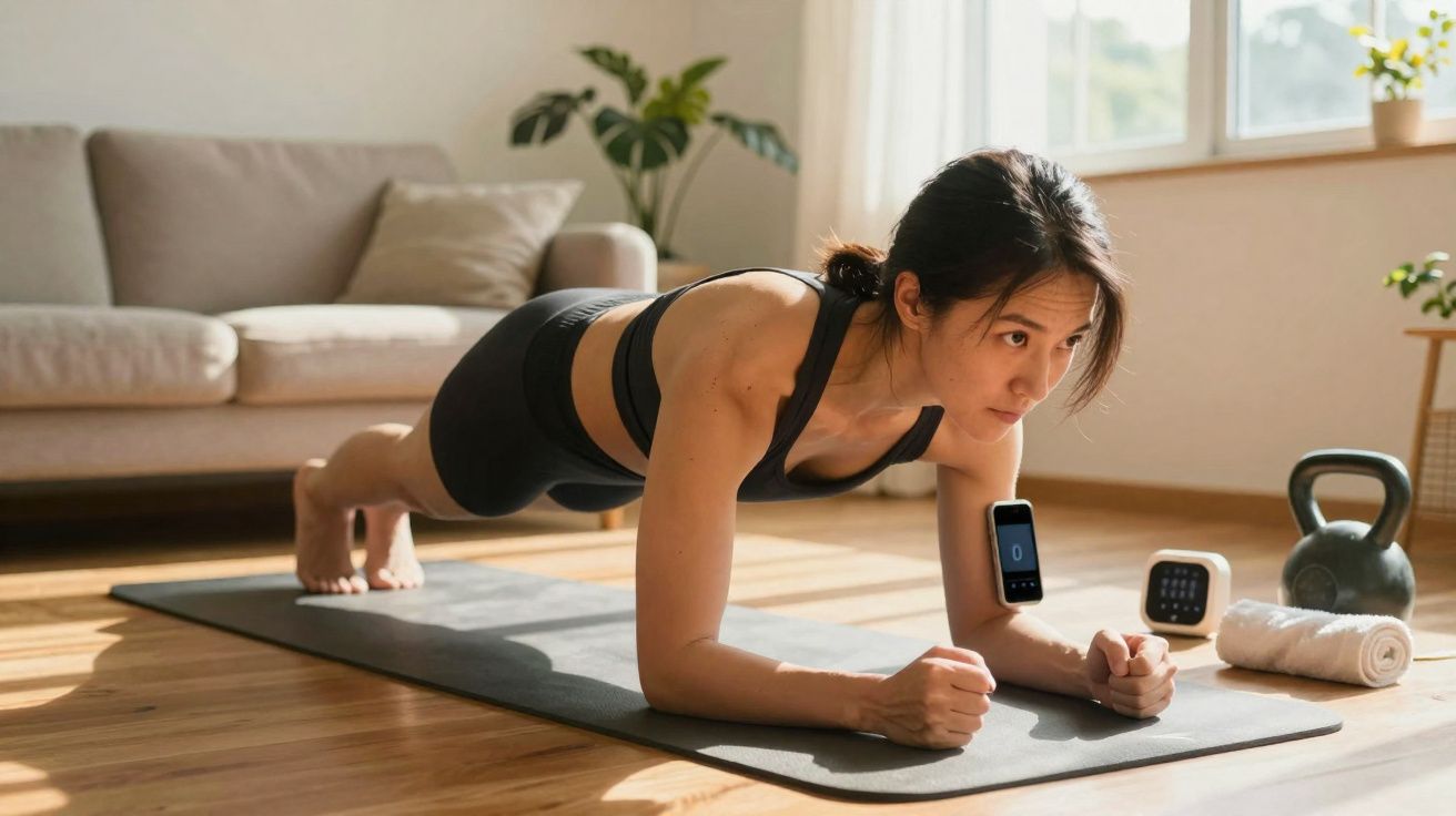 Woman in black sportswear doing a plank exercise on a mat in a sunlit living room with fitness equipment nearby.