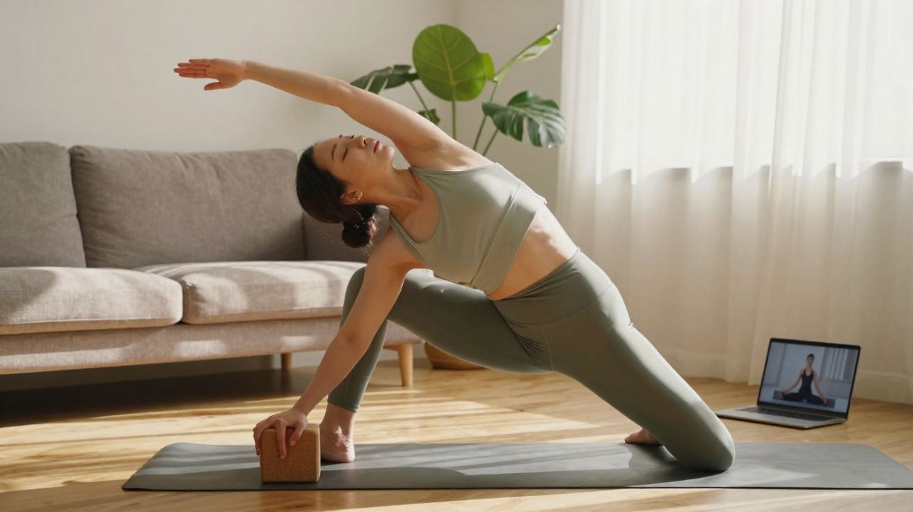 Woman practising yoga on mat in living room, using yoga block and following online class on laptop.