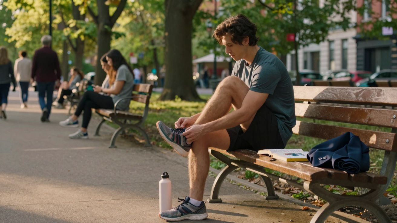 Young man tying shoelaces on bench in park with water bottle, book, and jacket beside him on a sunny day.