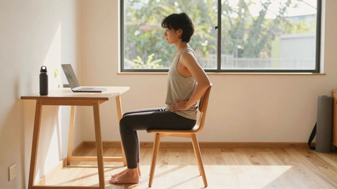 Person sitting upright on a wooden chair at a table with a laptop in a sunlit room with a large window.