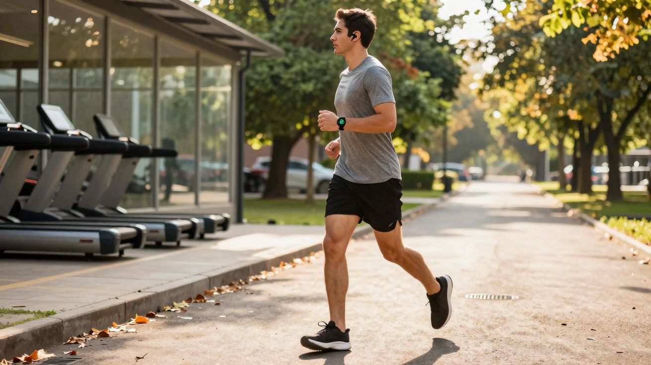 Young man jogging outdoors near a gym with treadmills on a sunny day in a leafy urban area.