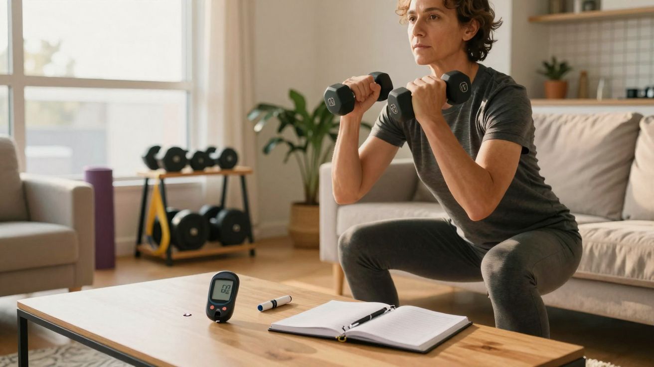 Person performing dumbbell squats in a living room with a fitness tracker and open notebook on the table.