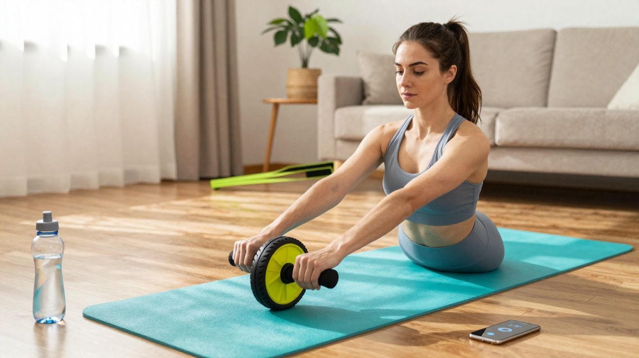 Woman in sportswear using an ab roller on a blue mat in a bright living room with a water bottle and phone nearby.