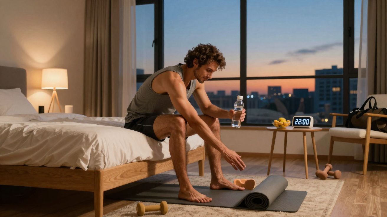 Man in workout clothes sitting on a bed holding a water bottle with weights and yoga mat in a bedroom at dusk.