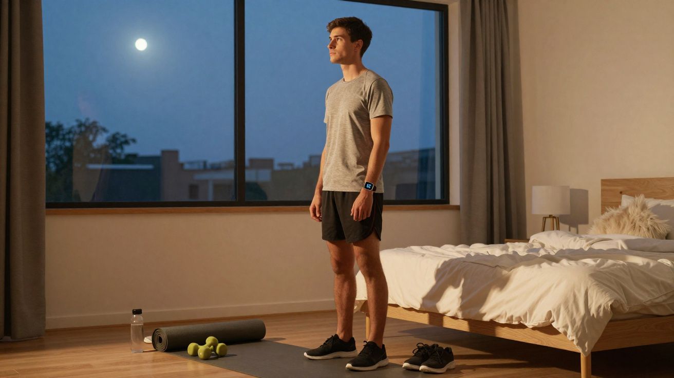 Young man in sportswear standing on yoga mat in bedroom at night with moon visible through window.