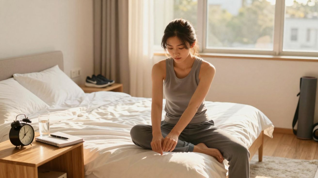 Young woman in casual wear sitting on bed in bright bedroom, adjusting her sock.