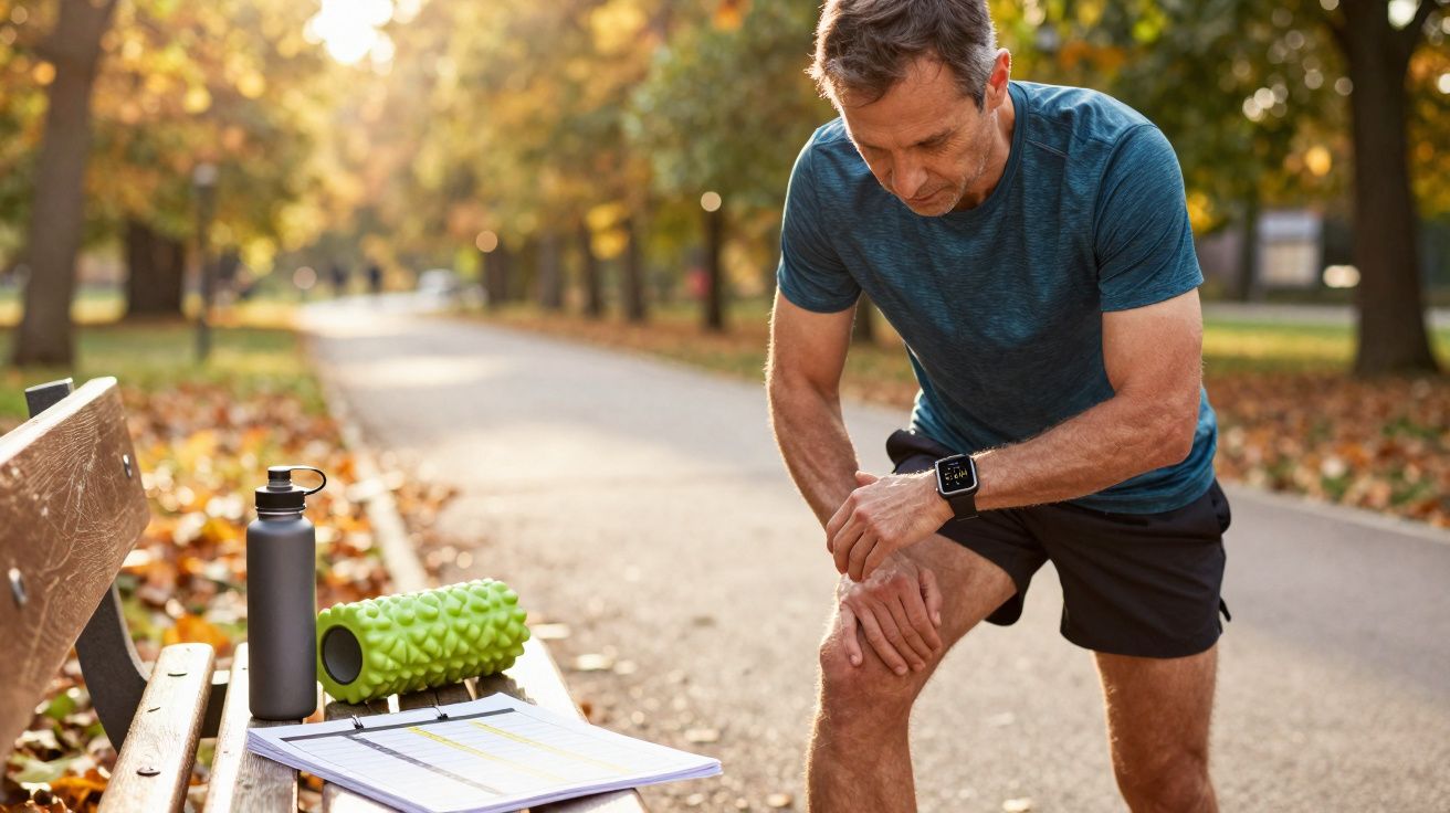 Man in sportswear holding his knee in pain on a park path with foam roller and water bottle on a bench nearby.