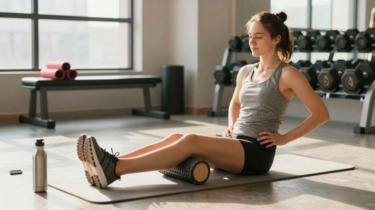 Young woman using a foam roller on her calves in a bright gym with dumbbells and a bench in the background.
